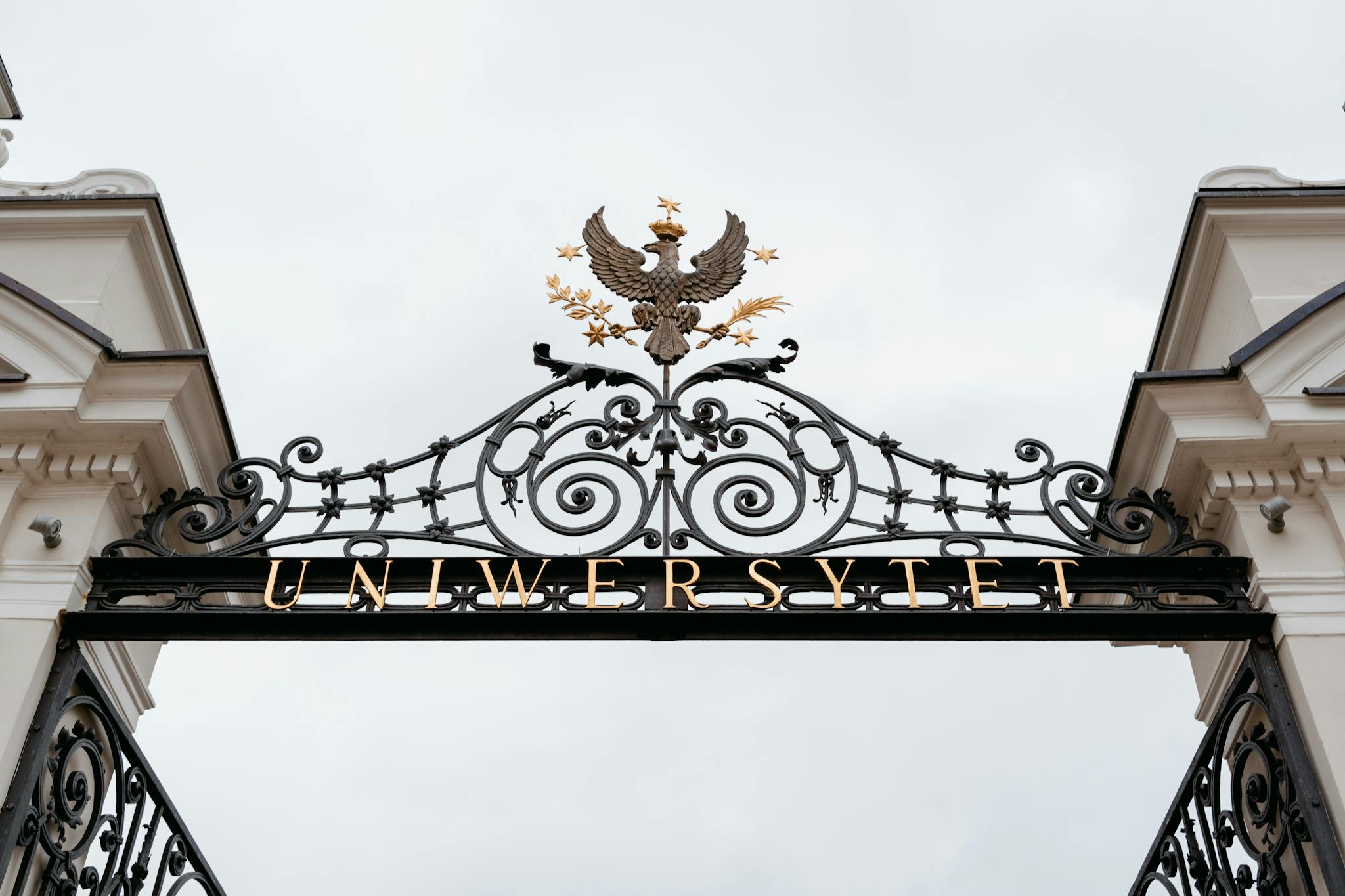 Ornate iron gate of historic university with traditional architectural details.